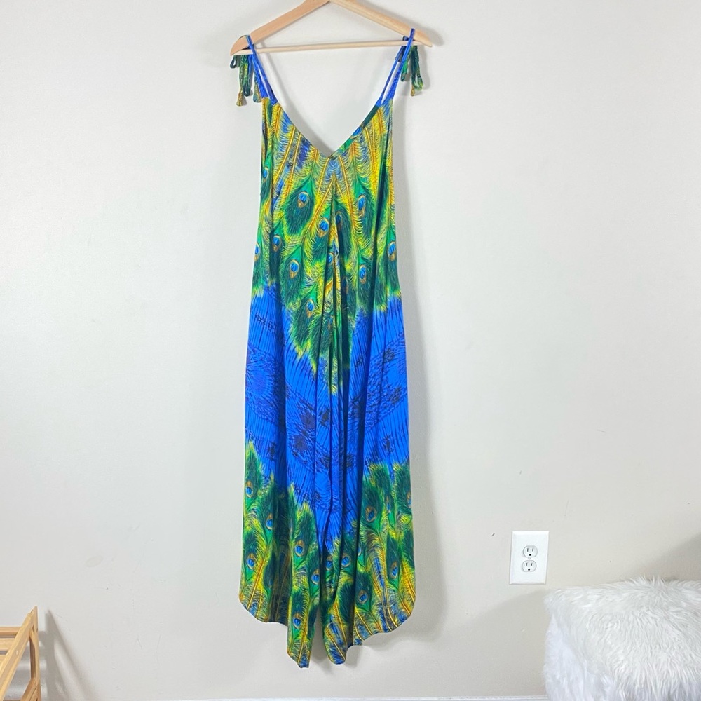 Peacock Feather Printed Overalls in Blue, Green and Yellow - Free Size